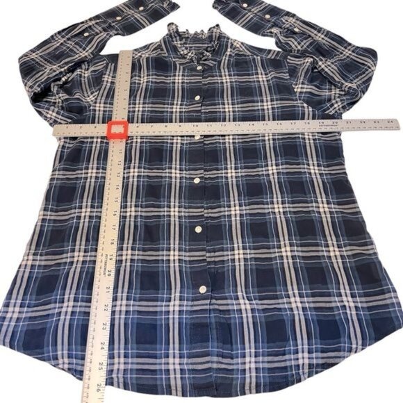 Nili Lotan Vivian Tribeca Design Shirt Navy White Plaid Ruffle Neck Medium - Picture 9 of 12